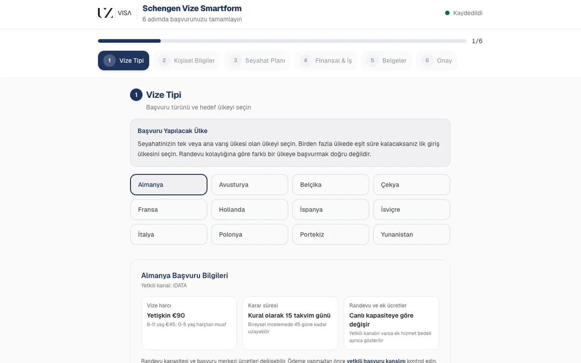 UZ VISA SmartForm sihirbazı: ülke seçimi, vize harcı ve karar süresi bilgisiyle